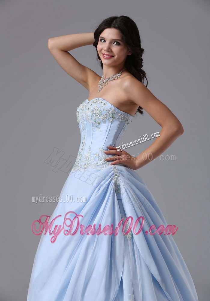 Light Blue Sweetheart Appliques Decorated Prom Dress with Drapped Sides