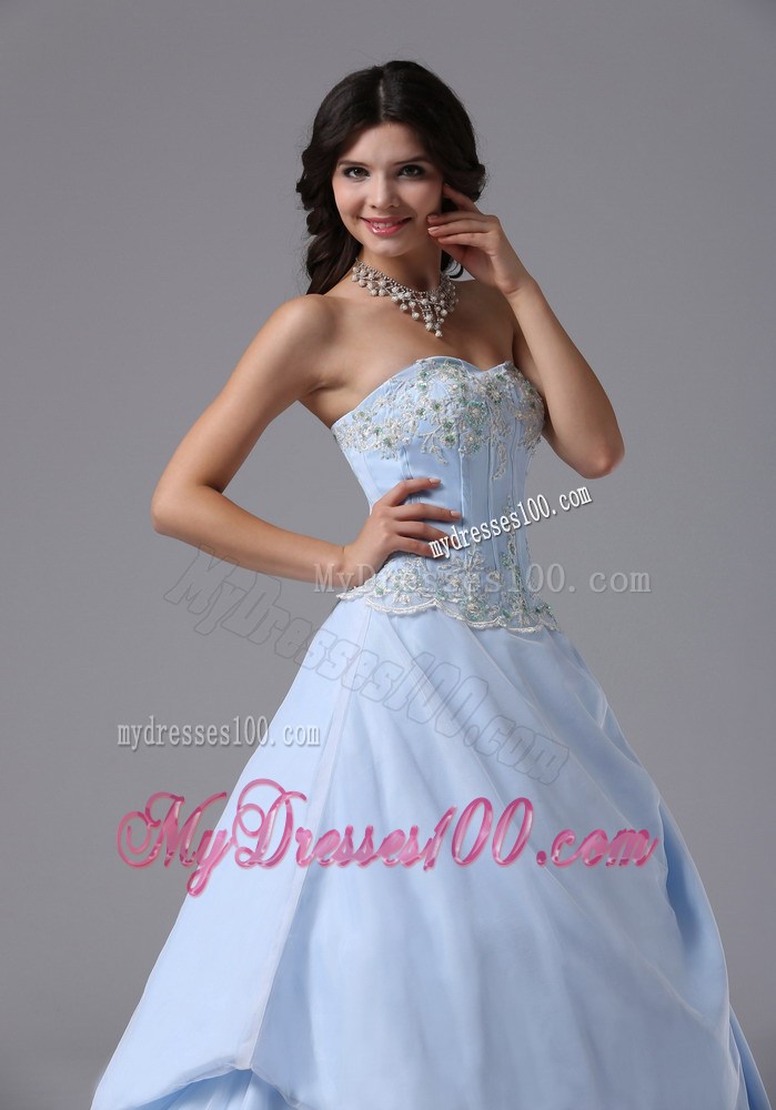 Light Blue Sweetheart Appliques Decorated Prom Dress with Drapped Sides