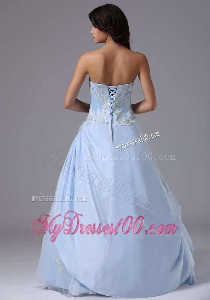 Light Blue Sweetheart Appliques Decorated Prom Dress with Drapped Sides