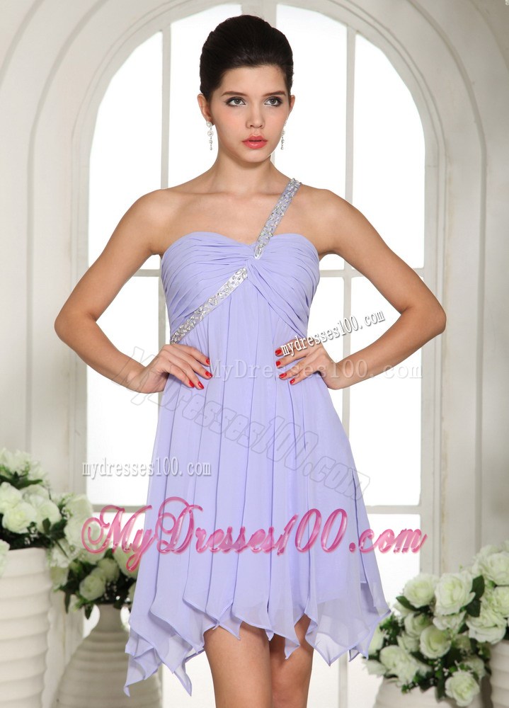 Lilac Beading Decorated One Shoulder Mini-length Chiffon Prom Dresses 2013