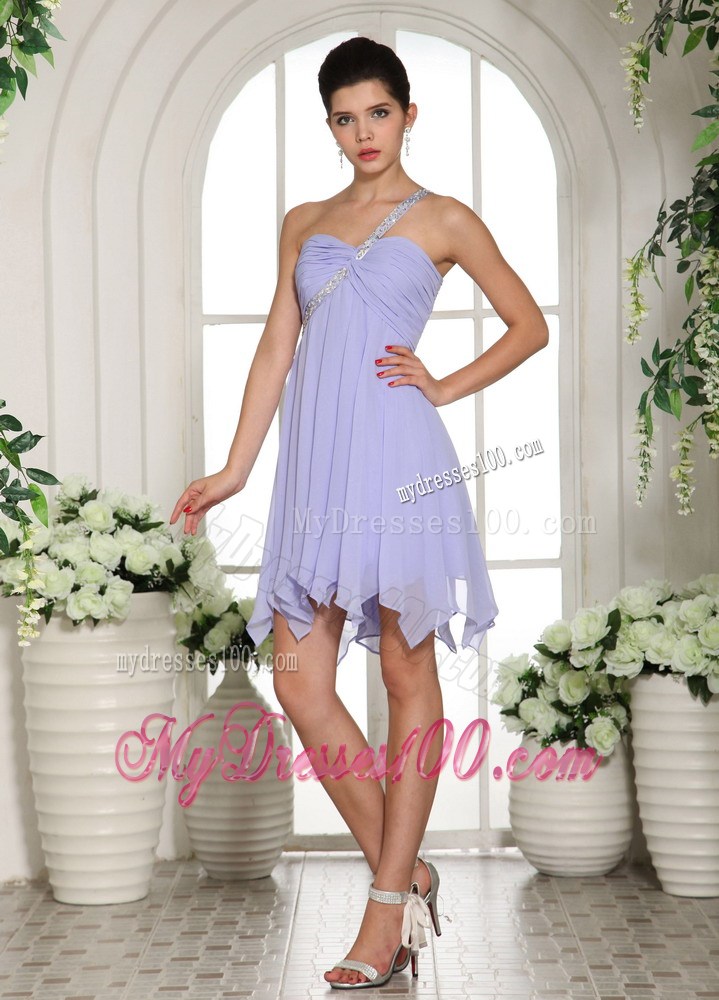 Lilac Beading Decorated One Shoulder Mini-length Chiffon Prom Dresses 2013