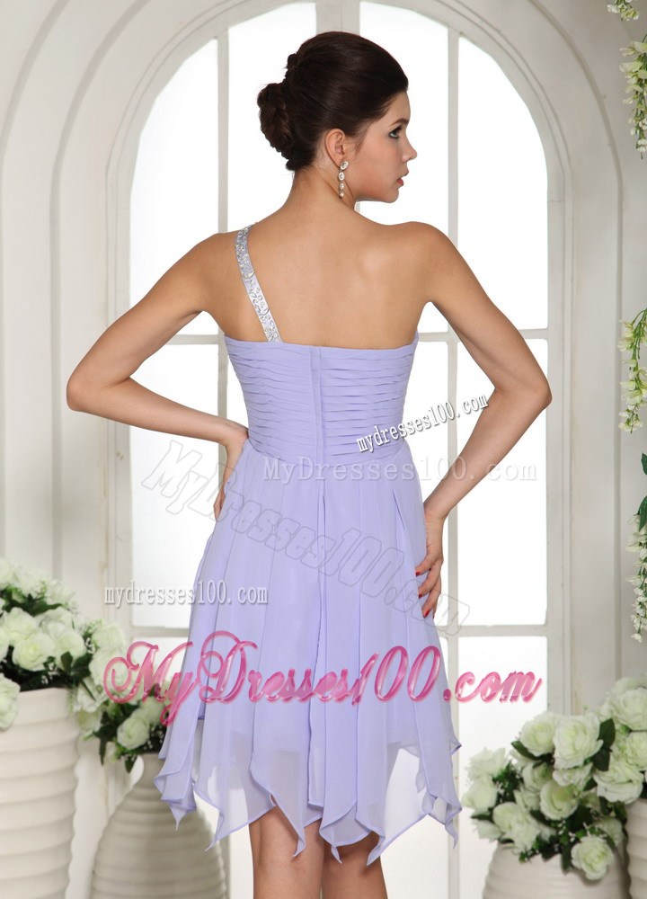 Lilac Beading Decorated One Shoulder Mini-length Chiffon Prom Dresses 2013