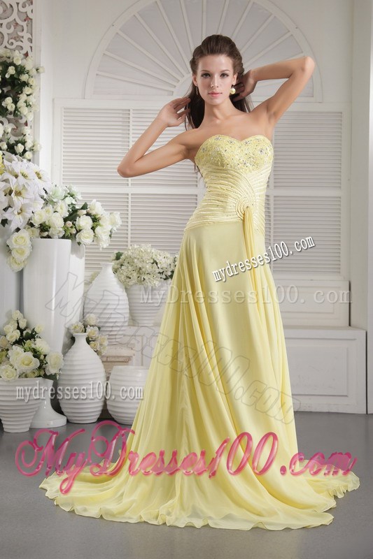 Beading and Ruches Decorate On Light Yellow Dress for Prom with Brush Train