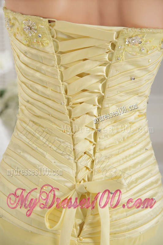 Beading and Ruches Decorate On Light Yellow Dress for Prom with Brush Train