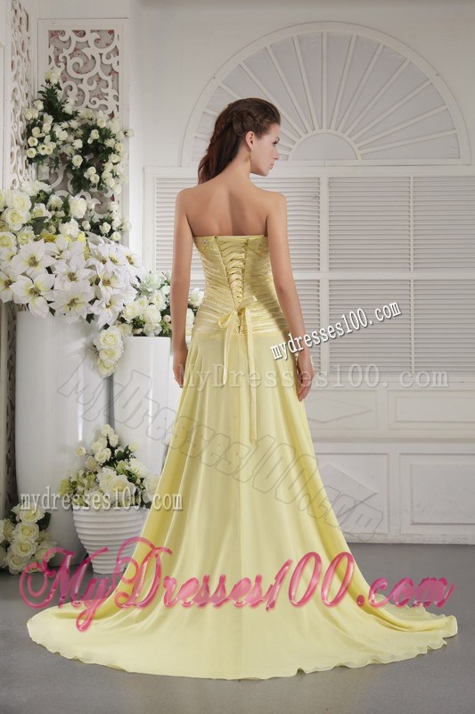 Beading and Ruches Decorate On Light Yellow Dress for Prom with Brush Train