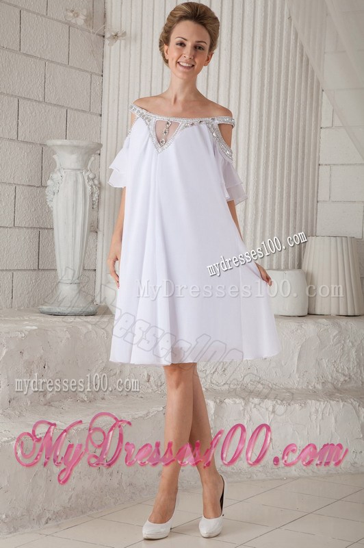 off-The-Shoulder White Chiffon Loose Prom Dress with Beading and Sleeves