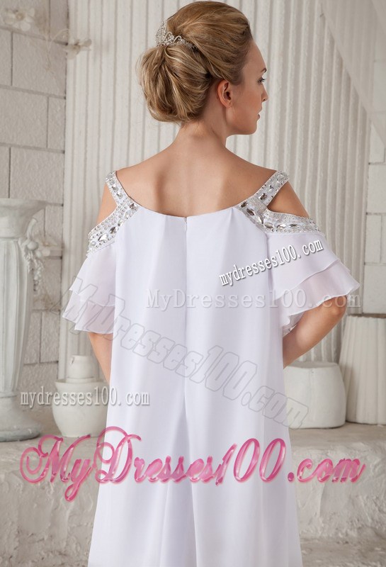 off-The-Shoulder White Chiffon Loose Prom Dress with Beading and Sleeves