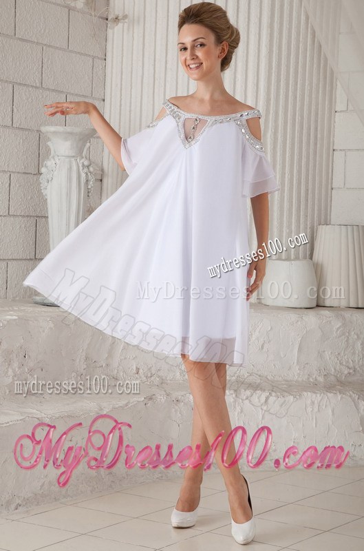 off-The-Shoulder White Chiffon Loose Prom Dress with Beading and Sleeves