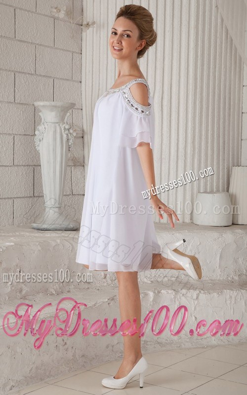 off-The-Shoulder White Chiffon Loose Prom Dress with Beading and Sleeves