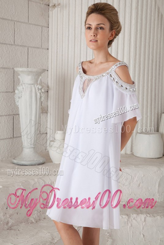 off-The-Shoulder White Chiffon Loose Prom Dress with Beading and Sleeves