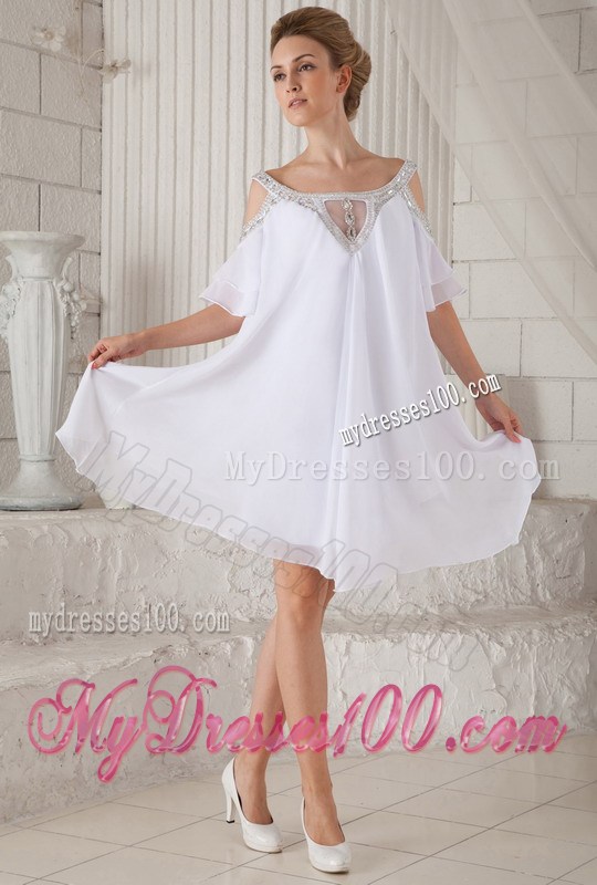 off-The-Shoulder White Chiffon Loose Prom Dress with Beading and Sleeves