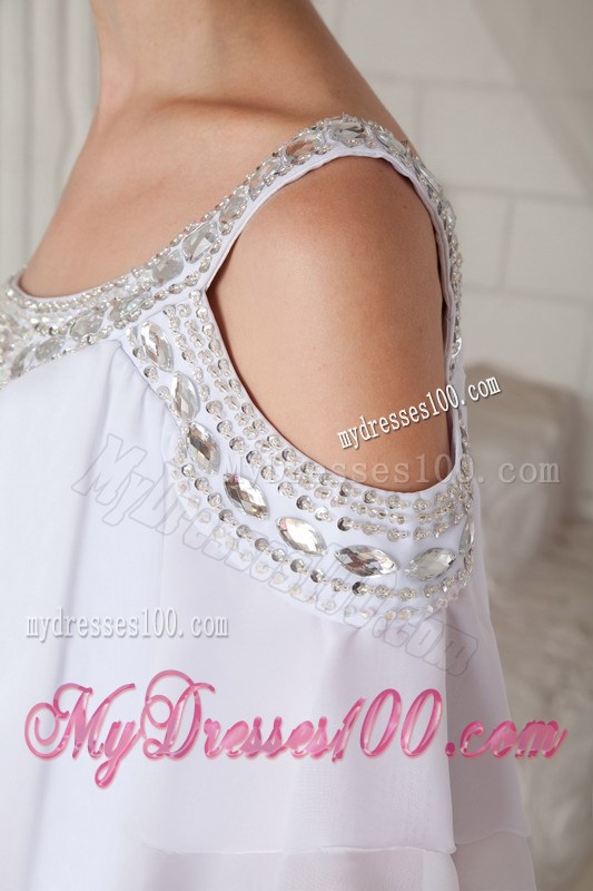 off-The-Shoulder White Chiffon Loose Prom Dress with Beading and Sleeves