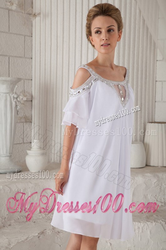 off-The-Shoulder White Chiffon Loose Prom Dress with Beading and Sleeves