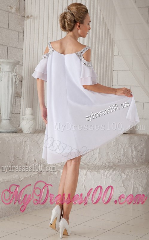 off-The-Shoulder White Chiffon Loose Prom Dress with Beading and Sleeves