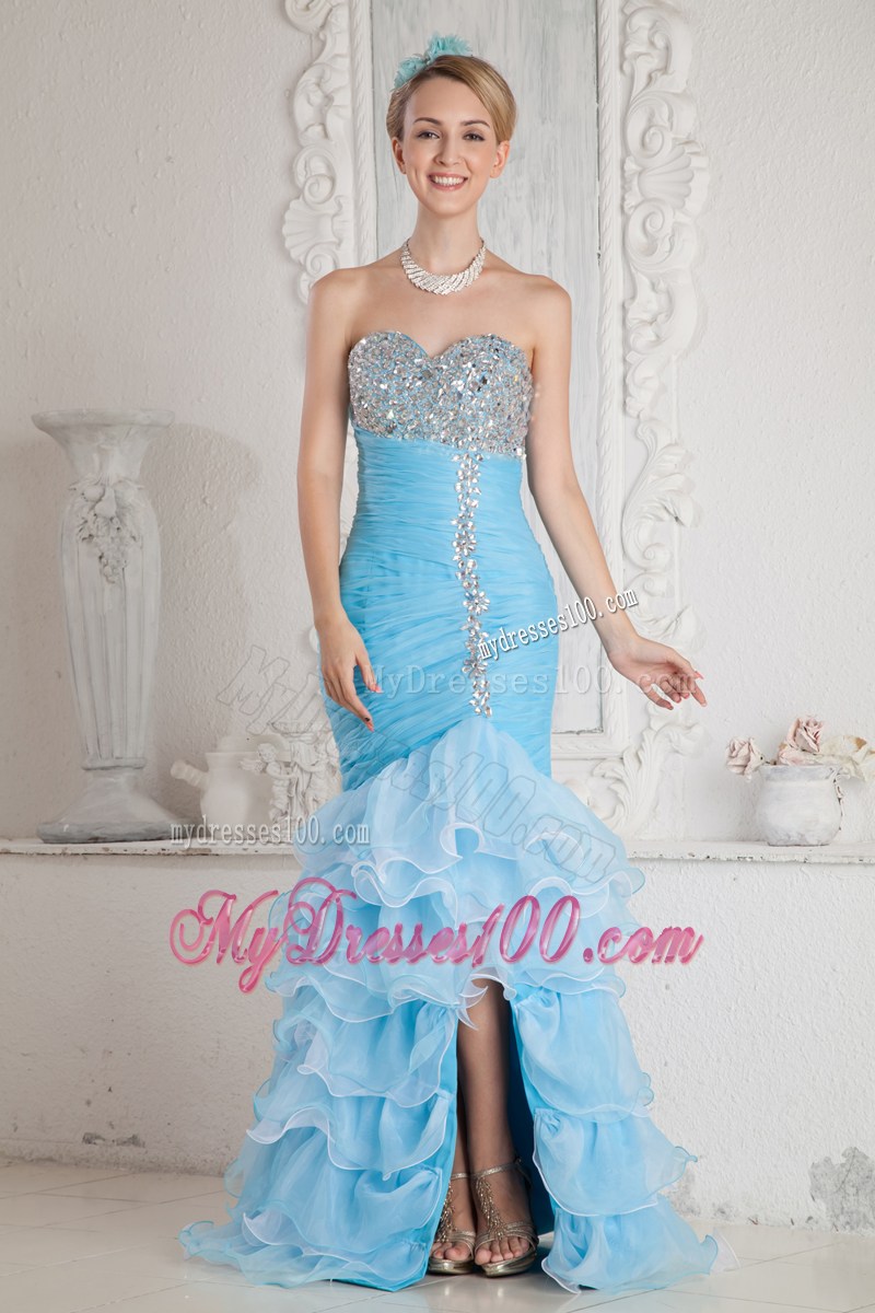 Mermaid High-Low Split Sky Blue Prom Dress with Ruffles and Beading