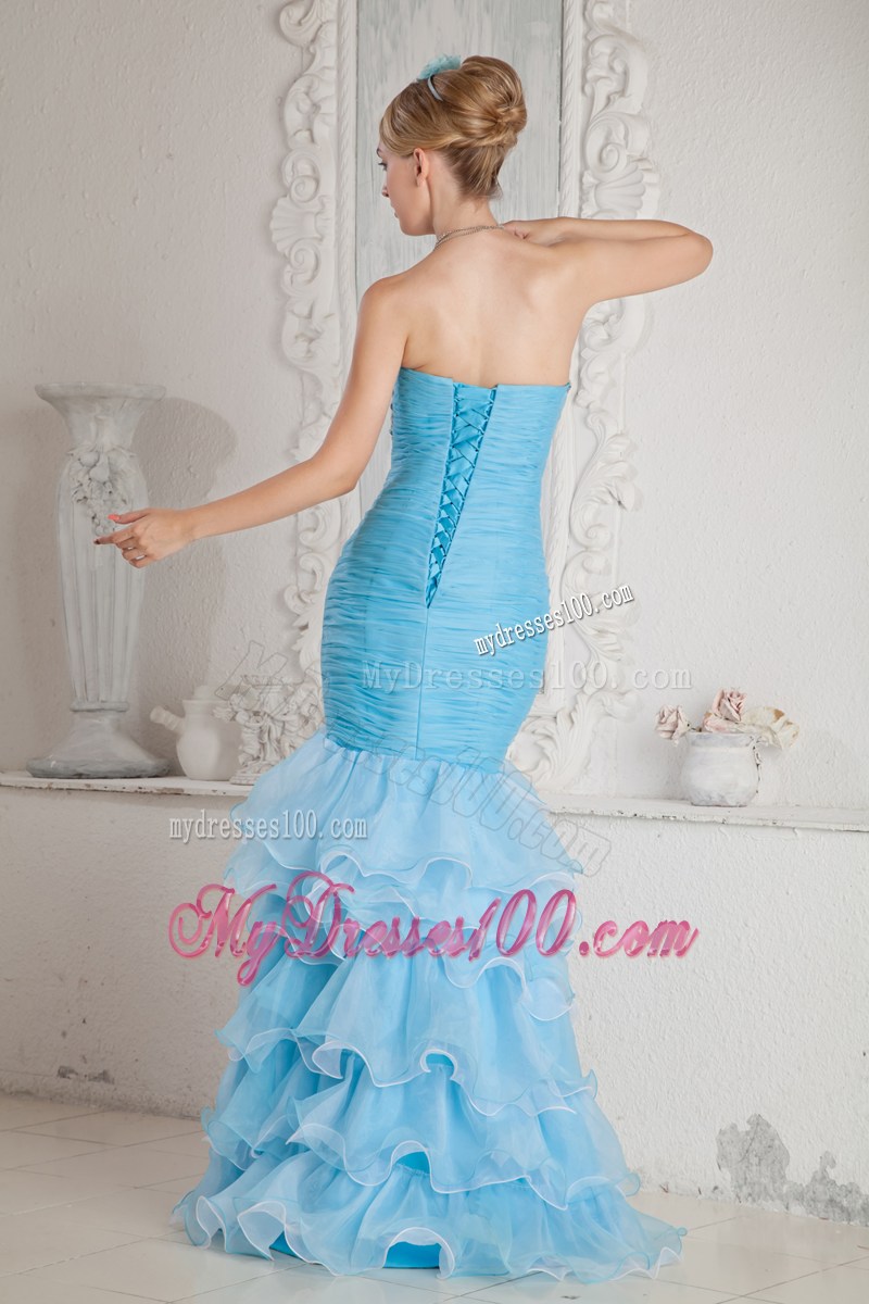 Mermaid High-Low Split Sky Blue Prom Dress with Ruffles and Beading