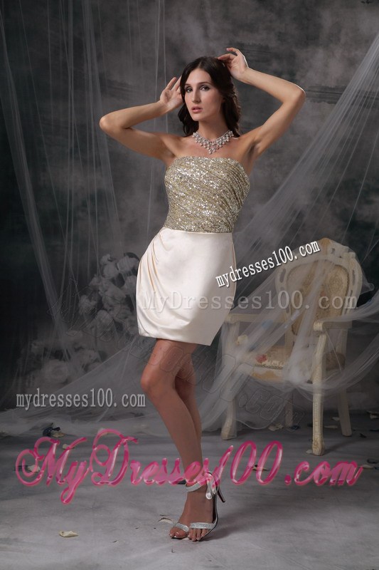 Strapless Champagne Mini-length Satin Evening Dress with Beading