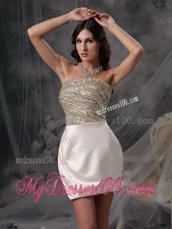 Strapless Champagne Mini-length Satin Evening Dress with Beading