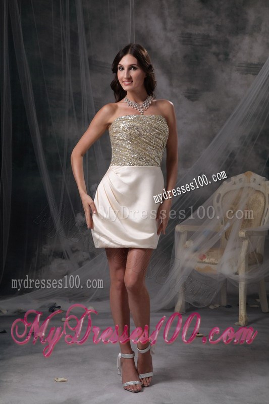 Strapless Champagne Mini-length Satin Evening Dress with Beading