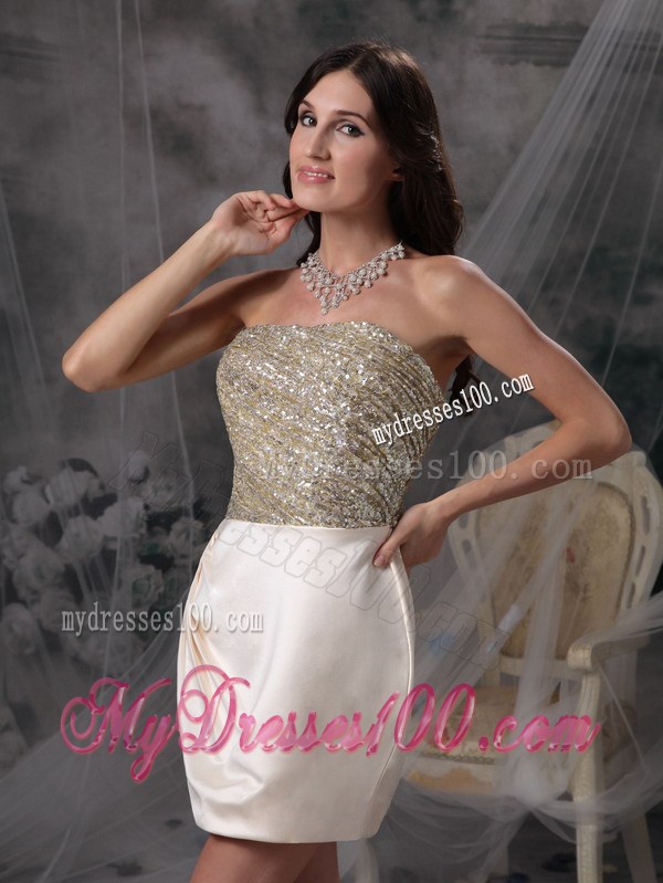 Strapless Champagne Mini-length Satin Evening Dress with Beading
