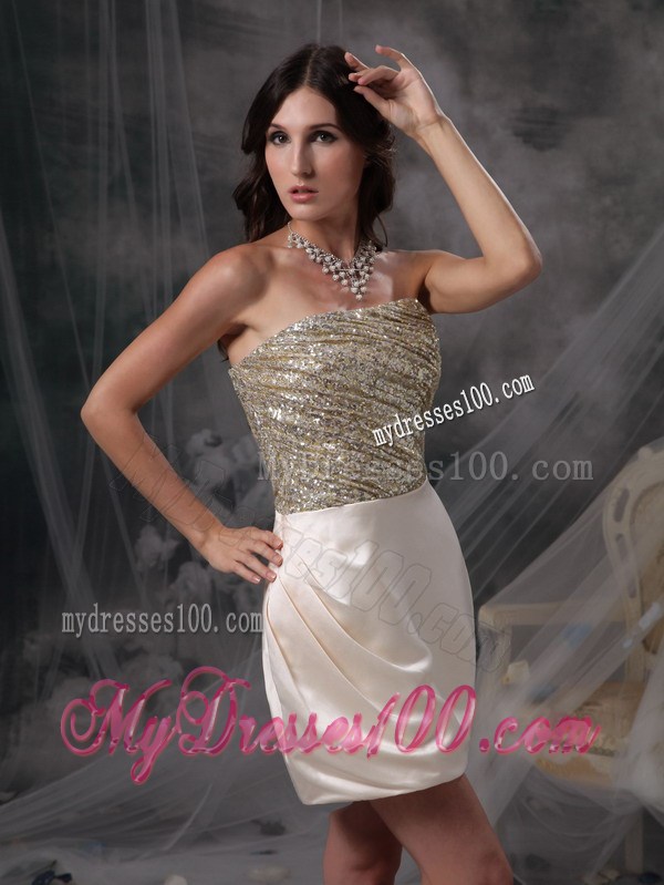 Strapless Champagne Mini-length Satin Evening Dress with Beading