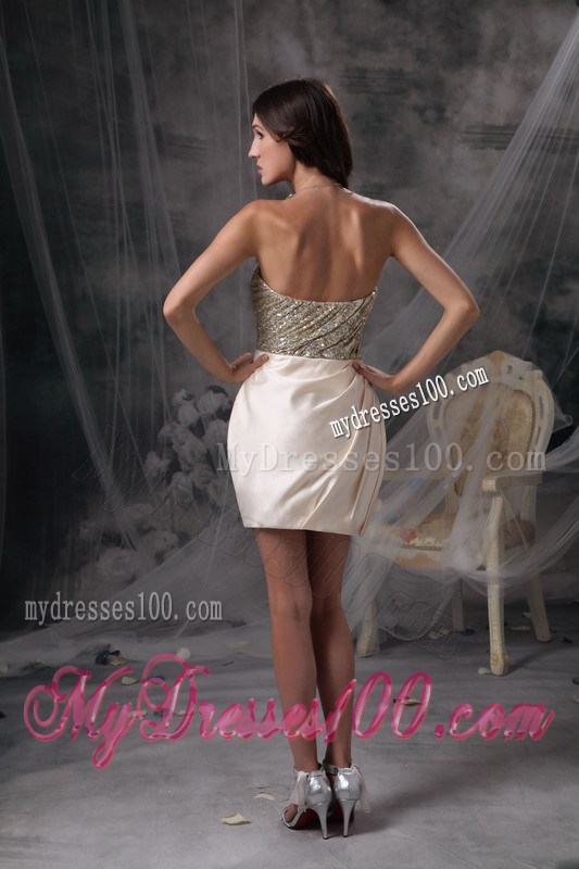 Strapless Champagne Mini-length Satin Evening Dress with Beading