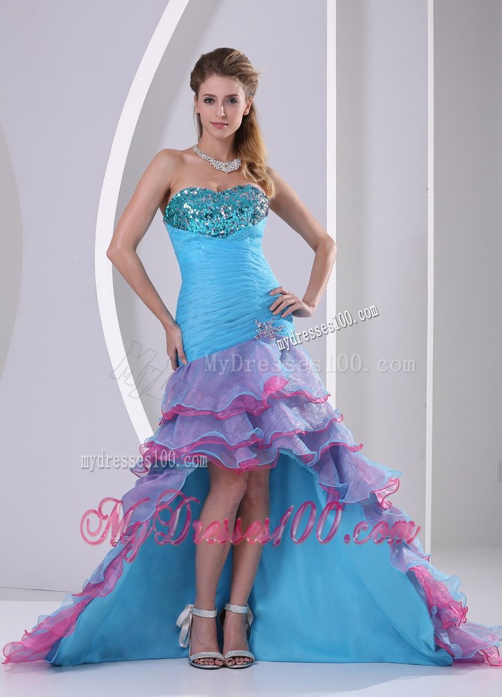 Colorful High-low Court Train Prom Dress with Sequins and Layers