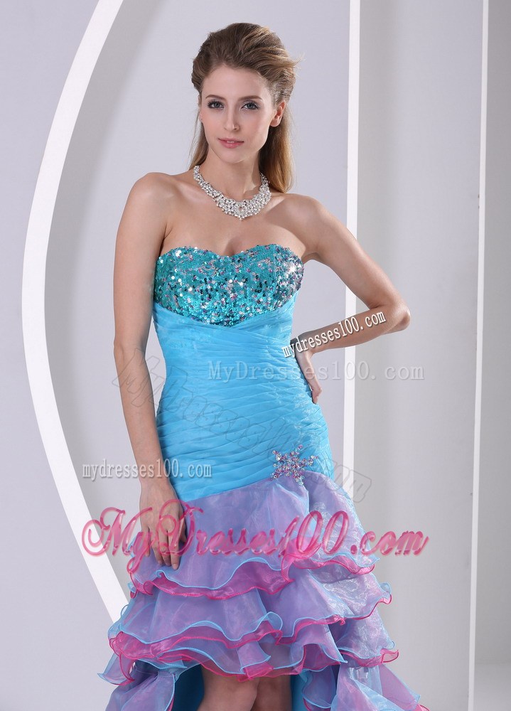 Colorful High-low Court Train Prom Dress with Sequins and Layers