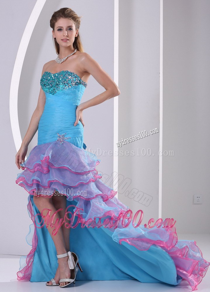 Colorful High-low Court Train Prom Dress with Sequins and Layers