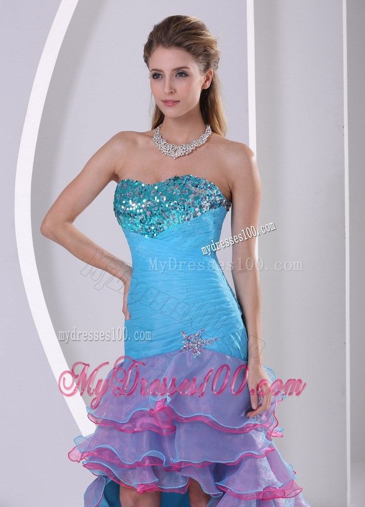 Colorful High-low Court Train Prom Dress with Sequins and Layers