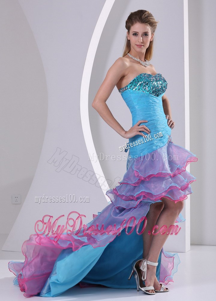 Colorful High-low Court Train Prom Dress with Sequins and Layers