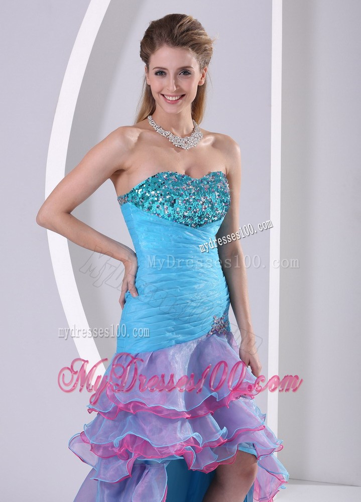 Colorful High-low Court Train Prom Dress with Sequins and Layers