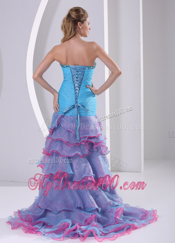 Colorful High-low Court Train Prom Dress with Sequins and Layers