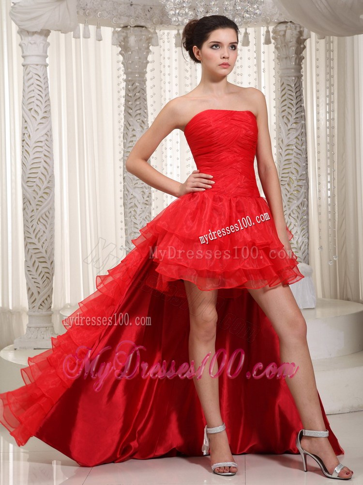 Strapless High-Low One Shoulder Prom Evening Dress with Ruffles in Red