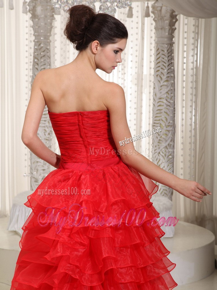 Strapless High-Low One Shoulder Prom Evening Dress with Ruffles in Red