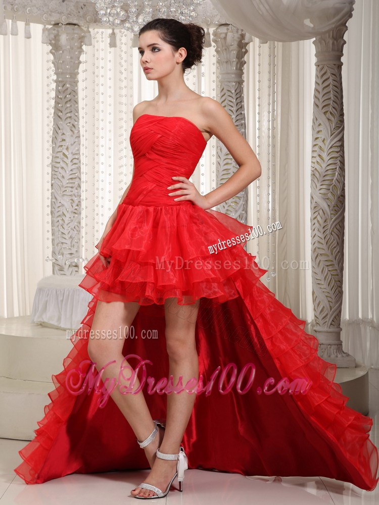 Strapless High-Low One Shoulder Prom Evening Dress with Ruffles in Red