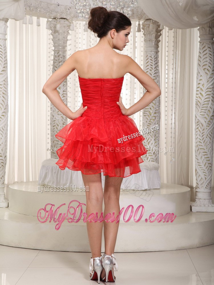 Strapless High-Low One Shoulder Prom Evening Dress with Ruffles in Red