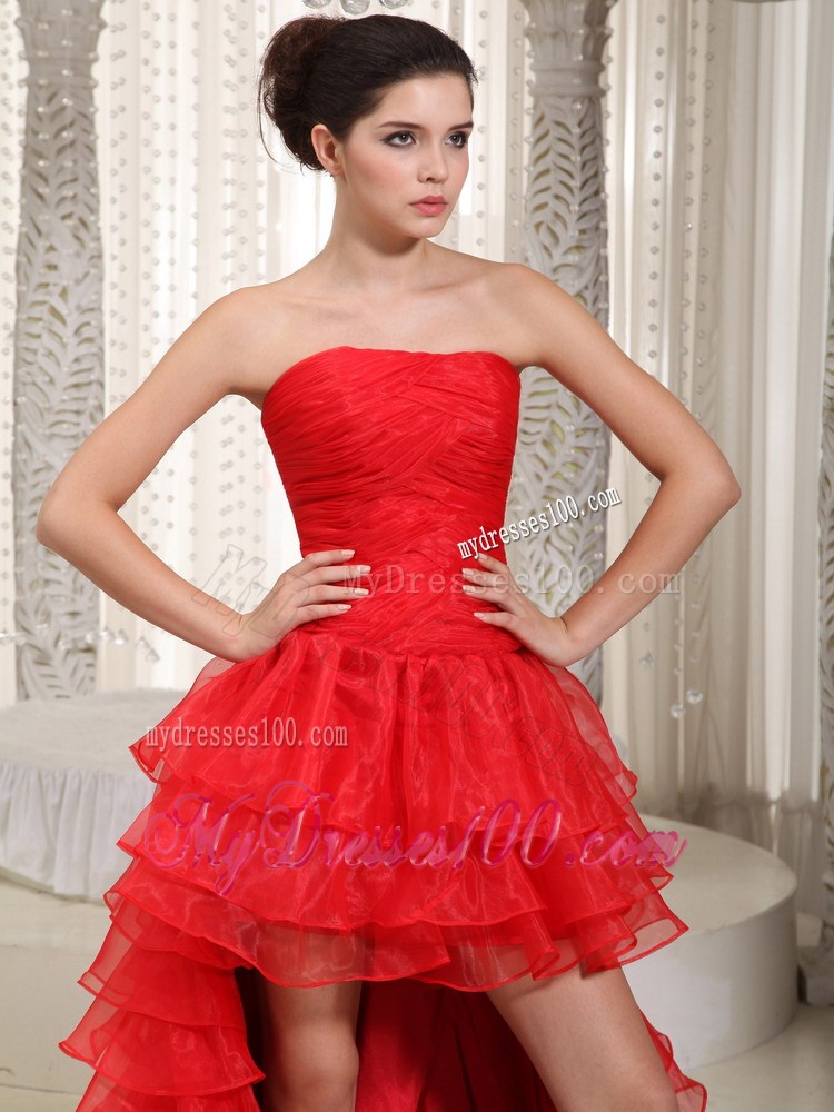 Strapless High-Low One Shoulder Prom Evening Dress with Ruffles in Red