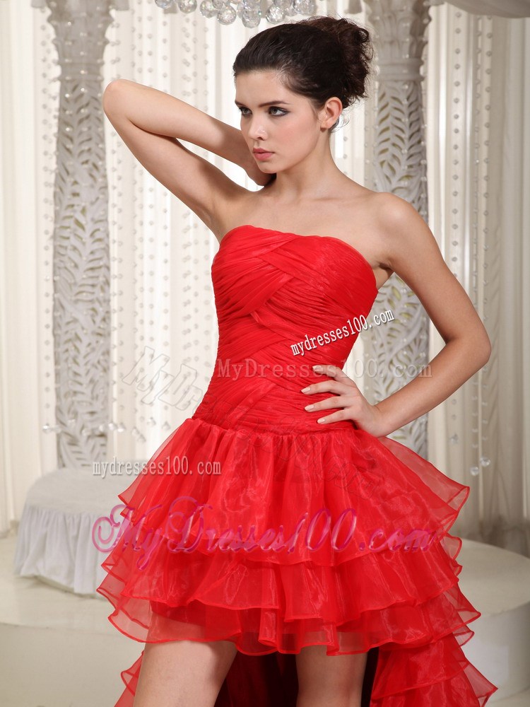 Strapless High-Low One Shoulder Prom Evening Dress with Ruffles in Red