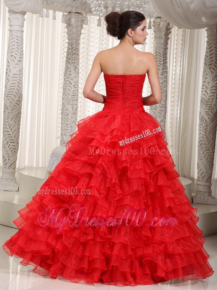 Strapless High-Low One Shoulder Prom Evening Dress with Ruffles in Red
