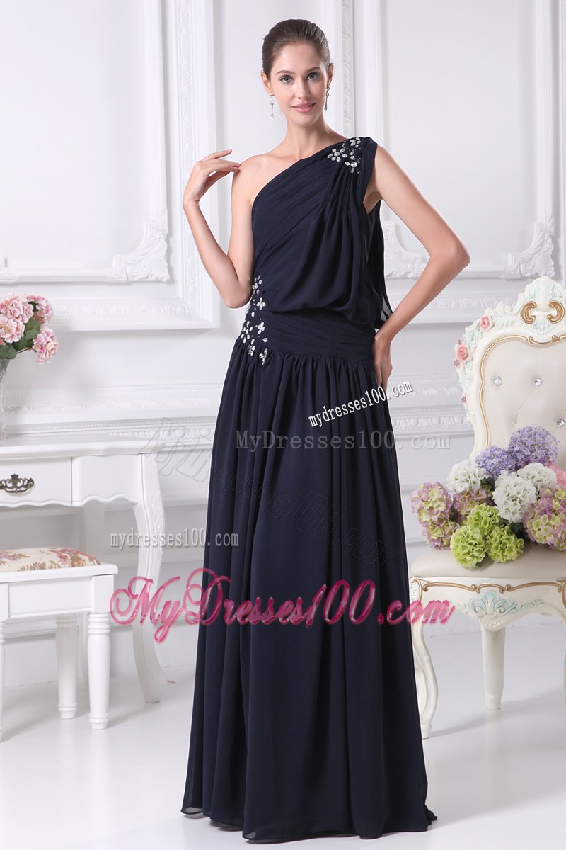 Beading Decorate Single Shoulder and Waist Prom Dress in Navy Blue