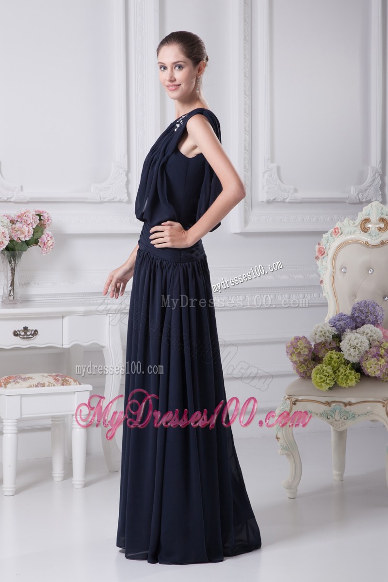 Beading Decorate Single Shoulder and Waist Prom Dress in Navy Blue