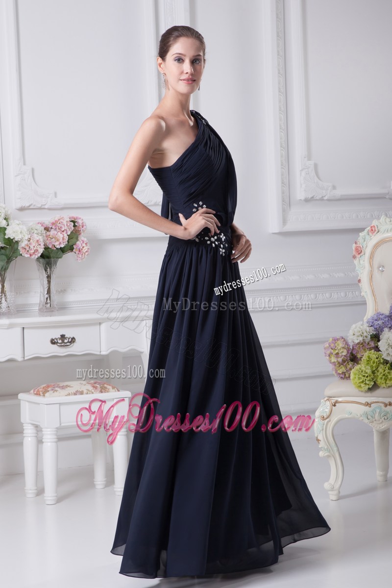 Beading Decorate Single Shoulder and Waist Prom Dress in Navy Blue