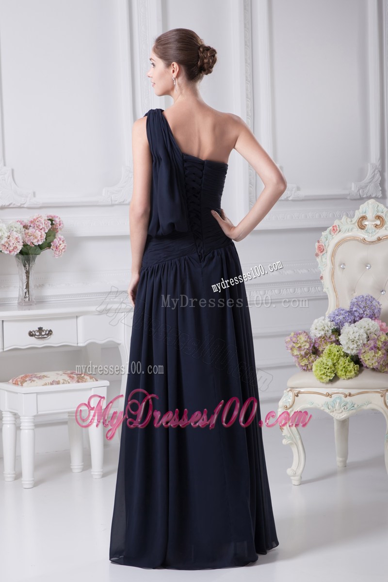 Beading Decorate Single Shoulder and Waist Prom Dress in Navy Blue