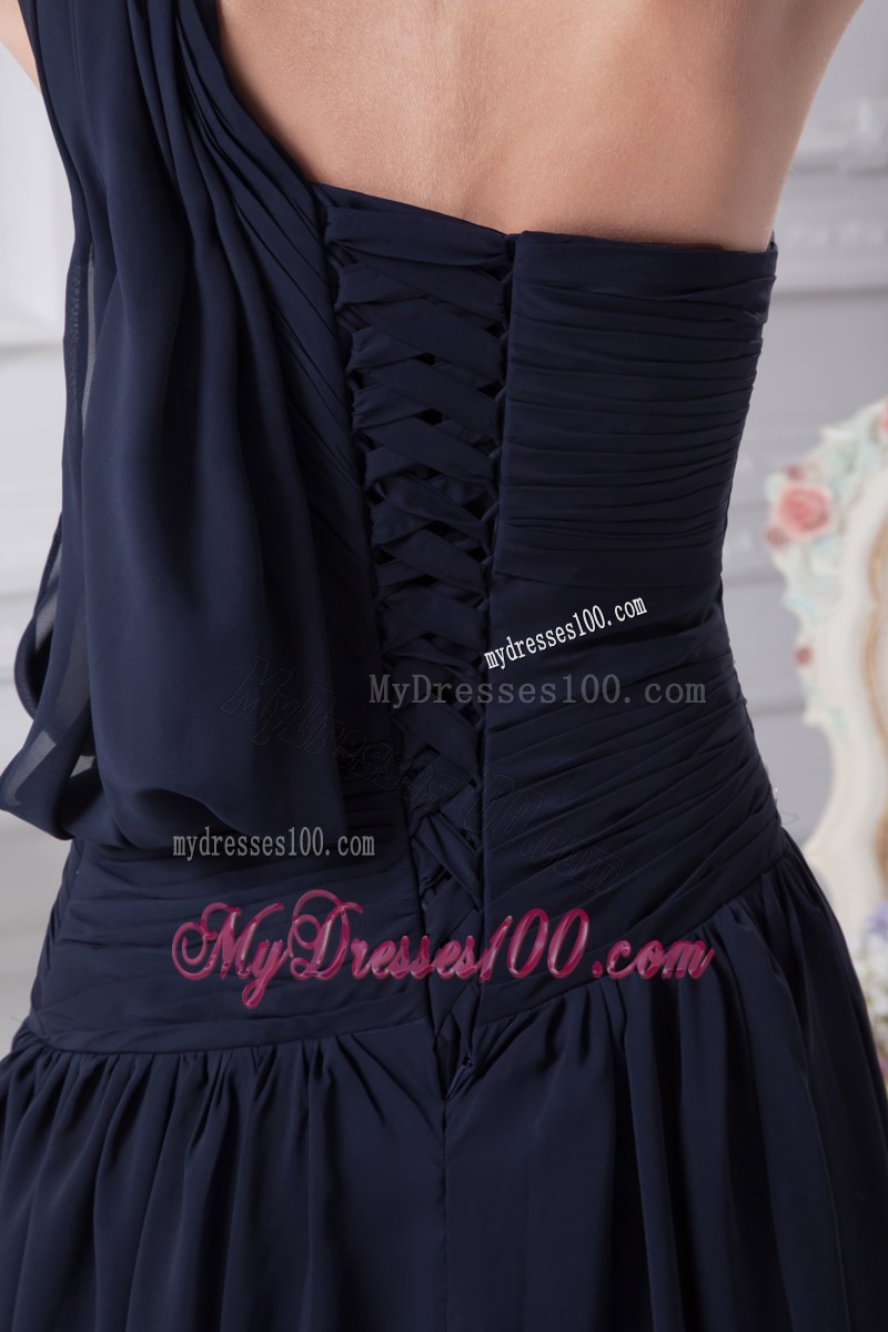 Beading Decorate Single Shoulder and Waist Prom Dress in Navy Blue
