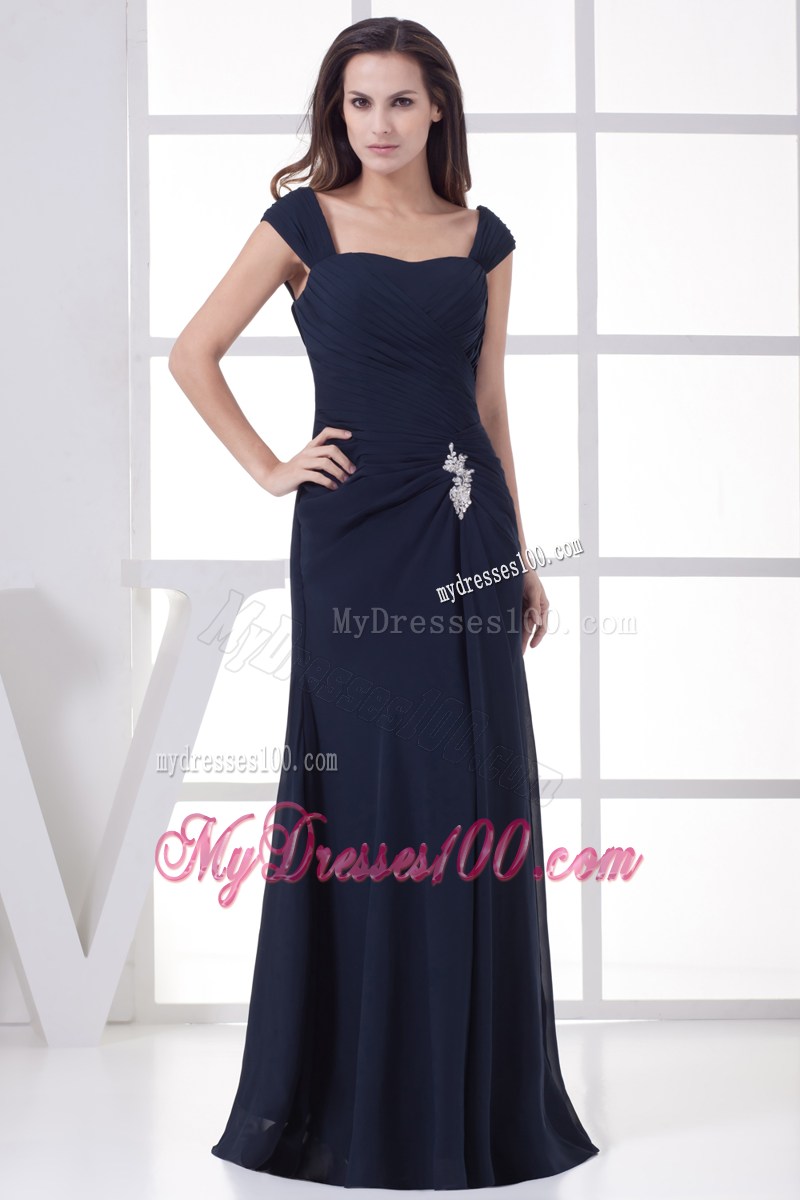 Square Appliqued and Ruched Long Chiffon Prom Dresses in Navy Blue