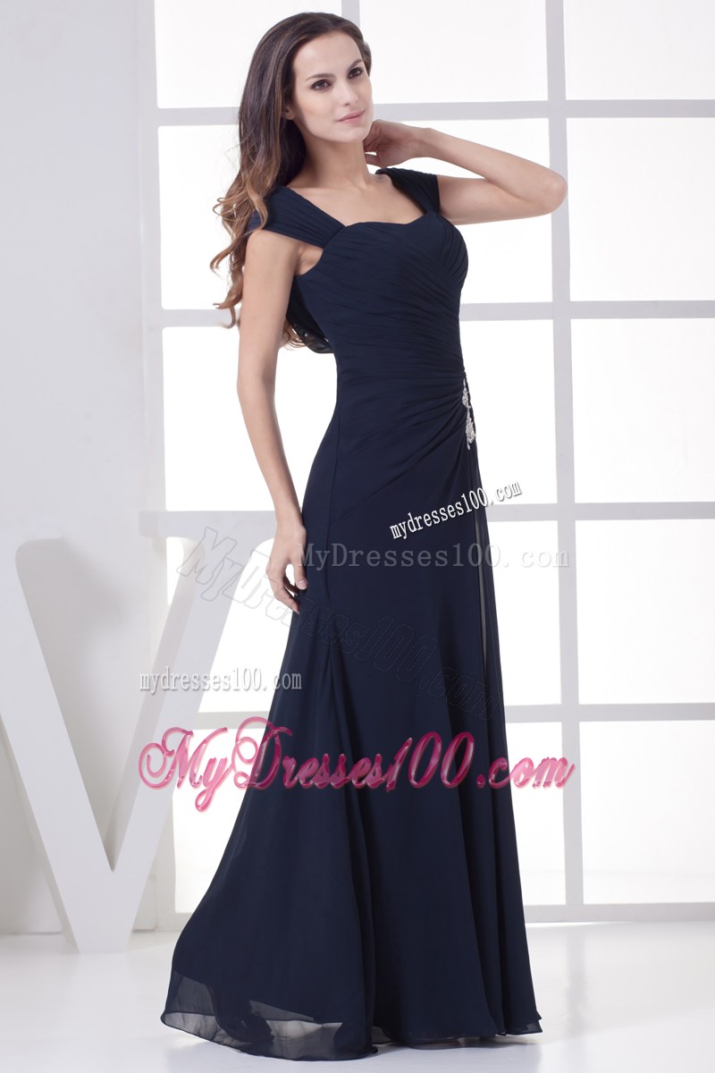 Square Appliqued and Ruched Long Chiffon Prom Dresses in Navy Blue