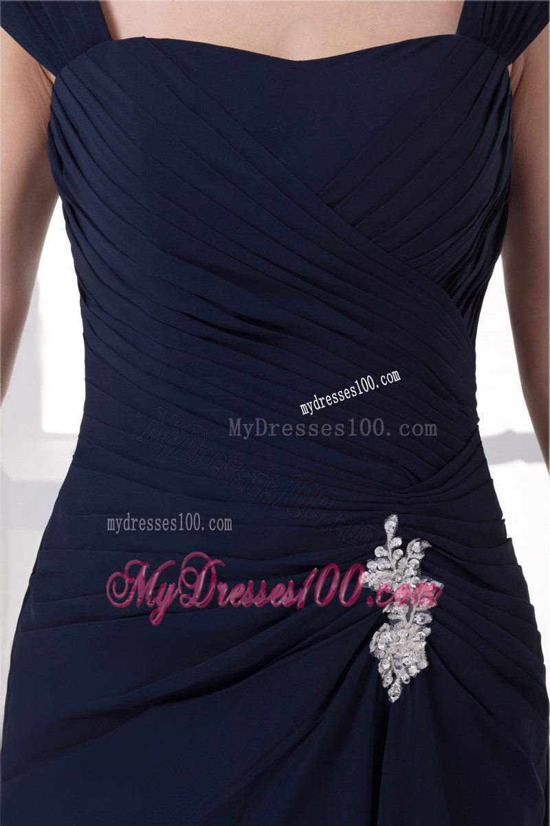 Square Appliqued and Ruched Long Chiffon Prom Dresses in Navy Blue
