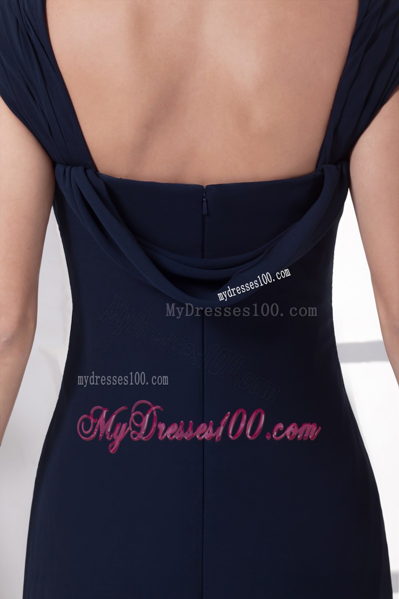 Square Appliqued and Ruched Long Chiffon Prom Dresses in Navy Blue