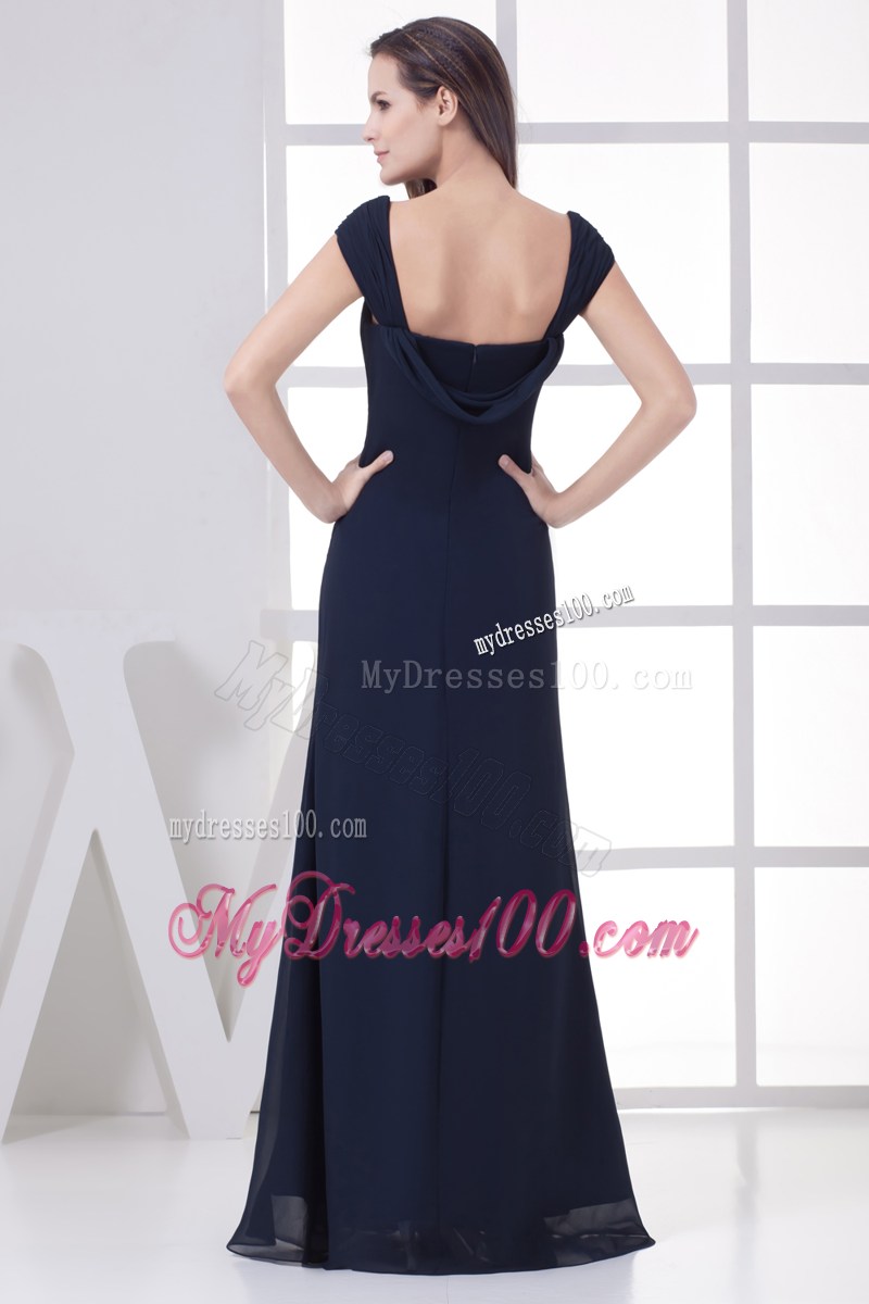 Square Appliqued and Ruched Long Chiffon Prom Dresses in Navy Blue